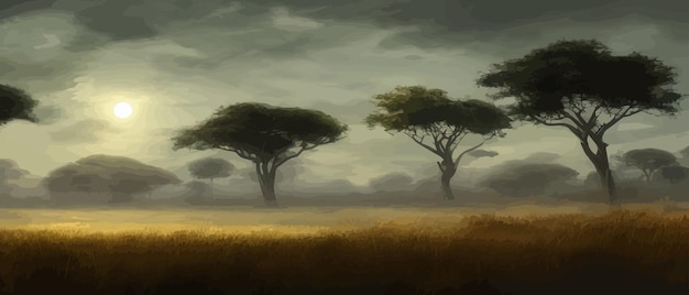 Acacia africana fila contro il cielo al crepuscolo Illustrazione vettoriale banner paesaggio Silhouette di pacchi nel grattacielo