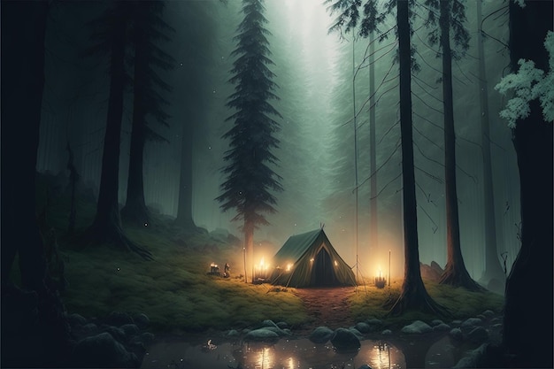 Accampandosi in una foresta nebbiosa oscura falò notte foresta nebbia luce lunare serata accogliente accanto al fuoco AI