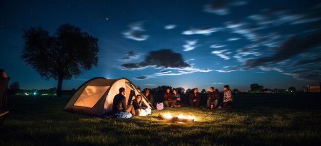 accamparsi di notte in montagna con una tenda e un fuoco