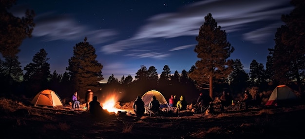 accamparsi di notte in montagna con una tenda e un fuoco