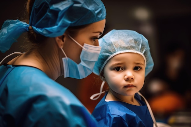 Accanto a lei una donna in camice e un bambino con mascherina e camice blu.