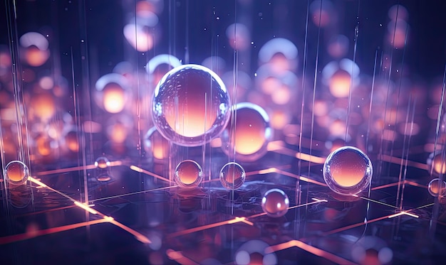 Accattivante arte digitale di sfere di vetro illuminate su sfondo vivido che creano un affascinante effetto bokeh e un'atmosfera futuristica AI Generative