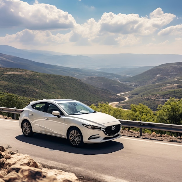 Accattivante bellezza Mazda 3 2020 in bianco sullo sfondo mozzafiato del paesaggio montano del Golan in Israele