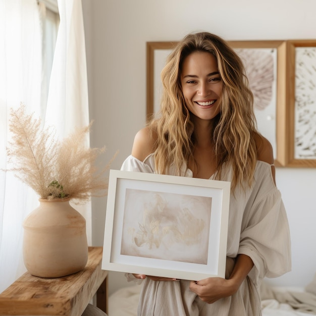 Accattivante Boho Una donna gioiosa che abbraccia l'iperrealismo con una cornice artistica da parete bianca in un ambiente sereno