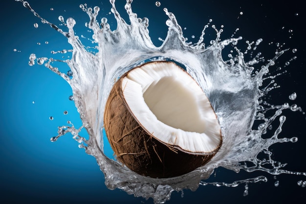 Accattivante Coconut Splash Noce di cocco su uno sfondo scuro con spruzzi d'acqua IA generativa