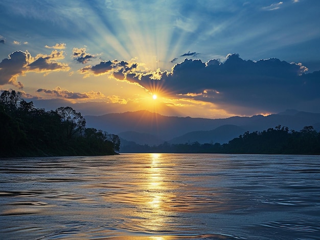 Accattivante fiume e sole nel cielo