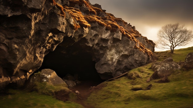 Accattivante fotografia della grotta delle colline danesi con un'illuminazione perfetta