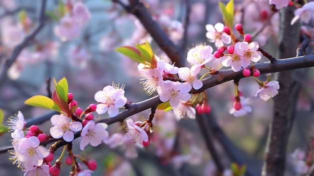 Accattivante Macro Shot di ume rosa fiore prugna giapponese Ramo di un albero IA generativa