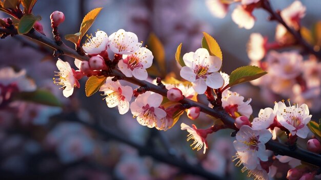 Accattivante Macro Shot di ume rosa fiore prugna giapponese Ramo di un albero IA generativa