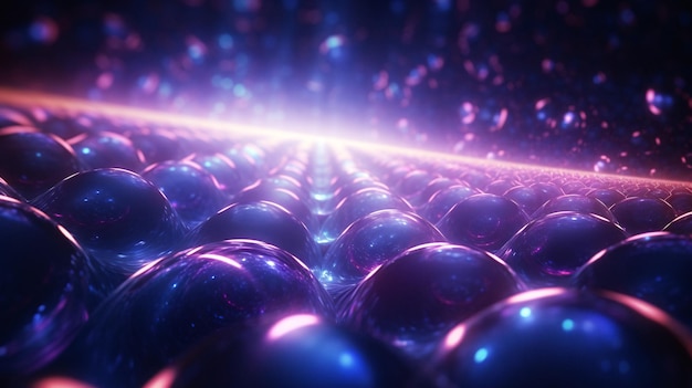 Accattivante primo piano di sfere scintillanti illuminate in uno spazio scarsamente illuminato generato dall'intelligenza artificiale