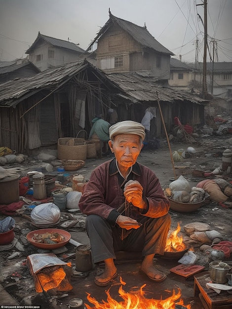 Accattivante ritratto di un vecchio vietnamita alla luce del fuoco in un ambiente rustico