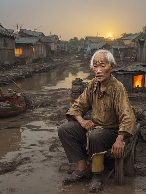 Accattivante ritratto di un vecchio vietnamita alla luce del fuoco in un ambiente rustico