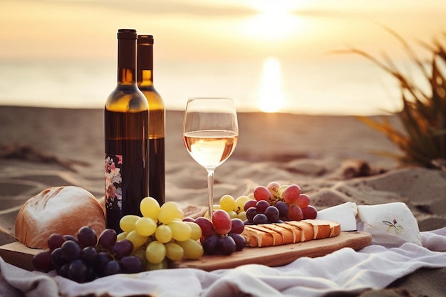 Accattivante tramonto estivo Un picnic romantico sulla spiaggia sabbiosa Ai generativa