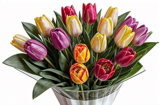 Accattivante varietà di tulipani fioriti in vaso di vetro