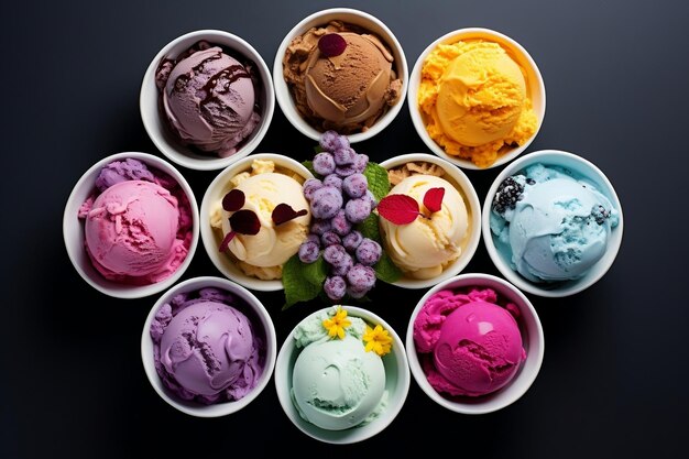 Accattivante vista dall'alto di gelati colorati Ai generativa