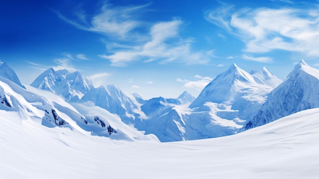 Accattivante Winter Wonderland Maestosa catena montuosa innevata con cime innevate IA generativa