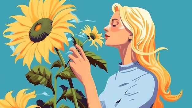 Accattivanti nature morte floreali, vivaci illustrazioni minimaliste di una giovane ragazza in 2D