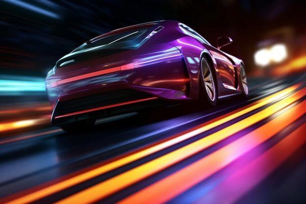 Accelerazione dinamica Supercar lascia scie luminose colorate sull'autostrada futuristica