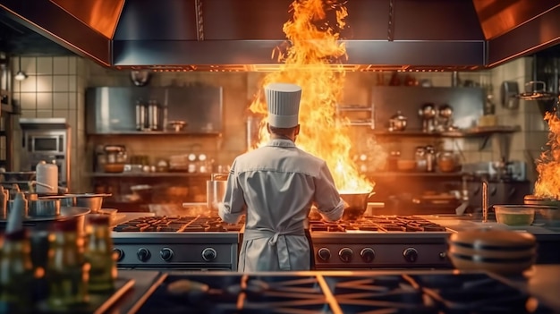 Accendi il tuo viaggio culinario Uno chef in uniforme che crea delizie ardenti IA generativa