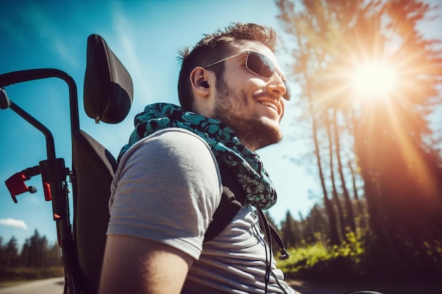 Accessibilità all'aperto Un uomo su una sedia a rotelle si gode la vita Generazione AI