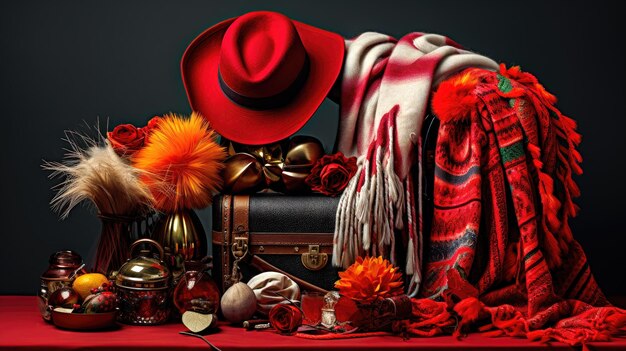 Accessori alla moda e testurati per il freddo su una tovaglia rossa