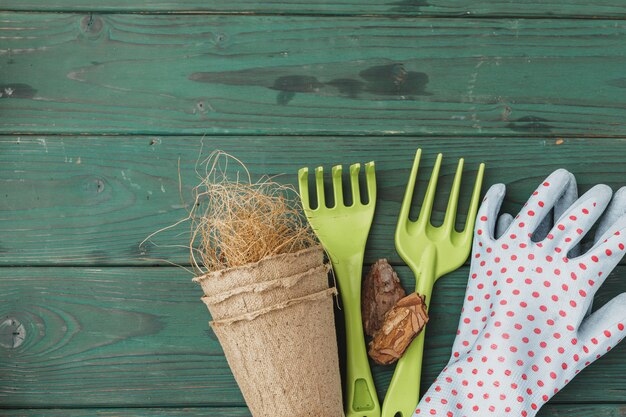 Accessori da giardinaggio su un fondo di legno rustico