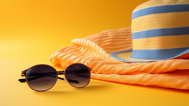 Accessori da spiaggia sullo sfondo giallo occhiali da sole asciugamano infradito e cappello a righe