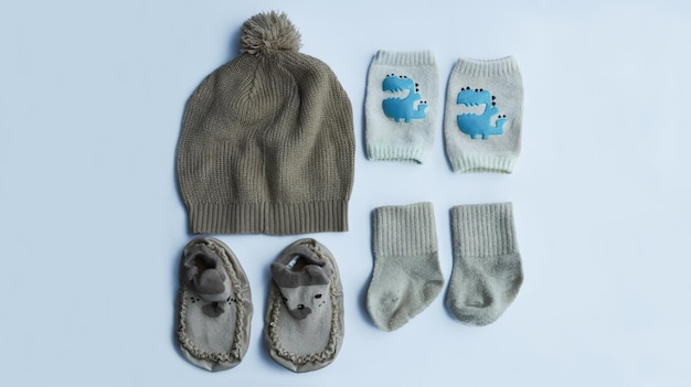 Accessori di moda per bambini marroni completi da calzini e scarpe per ginocchiere con cappello lavorato a maglia isolati su sfondo bianco