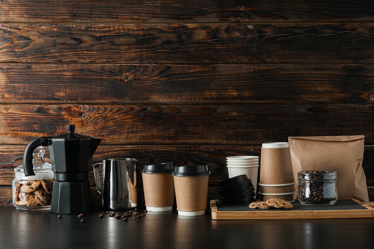Foto accessori di tempo del caffè sulla tavola nera contro fondo di legno
