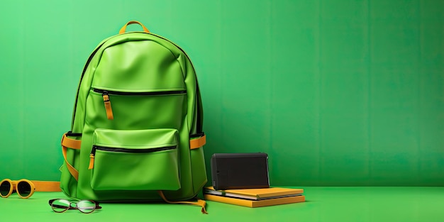 Accessori per la scuola con borsa da scuola su sfondo verde