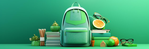 Accessori per la scuola con borsa da scuola su sfondo verde