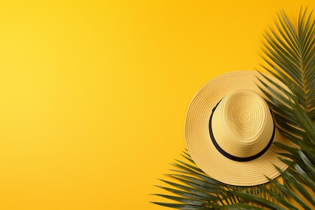 Accessori per le vacanze in spiaggia succo d'arancia e foglia di palma su uno sfondo giallo con una copia dello spazio