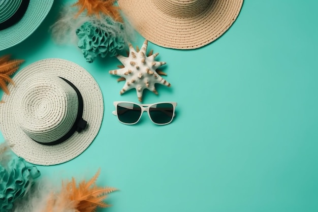 Accessori spiaggia piatta laici con lo spazio della copia