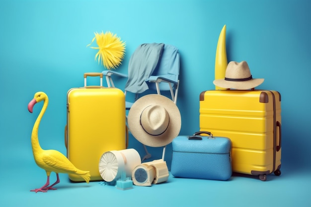 Accessorio di viaggio estivo blu concetto di vacanza sfondo occhiali da sole fenicottero valigia gialla IA generativa