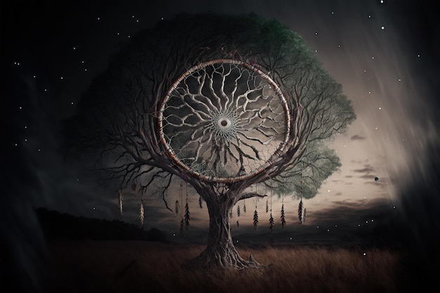 Acchiappasogni mistico appeso a un albero solitario al tramonto creato con l'IA generativa