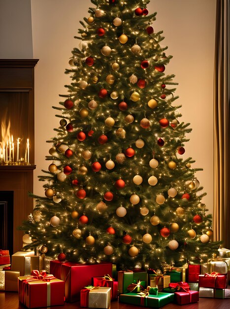 Accogliente albero di Natale con luci calde Colori Pantone massimo dettaglio cin Generative AI Generated