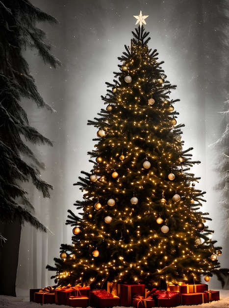 Accogliente albero di Natale di notte, atmosfera cinematografica della tavolozza Pantone. Generazione AI generativa