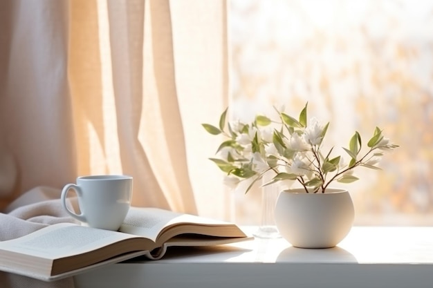 Accogliente allestimento mattutino con libro di caffè e fiori vicino alla finestra