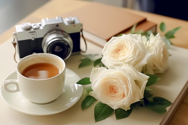 Accogliente arredamento minimalista per la casa sul tavolo con rose da caffè e fotocamera generata da Ai