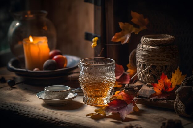 Accogliente autunno natura morta con zucche e tazze di caffè su uno sfondo di legno