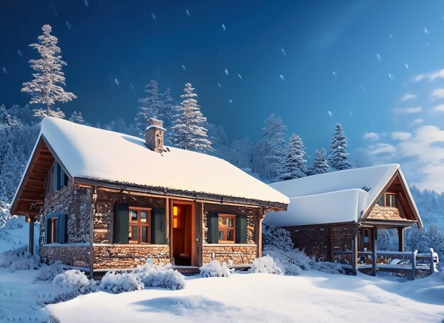Accogliente cabina invernale Bellezza innevata sotto il cielo azzurro