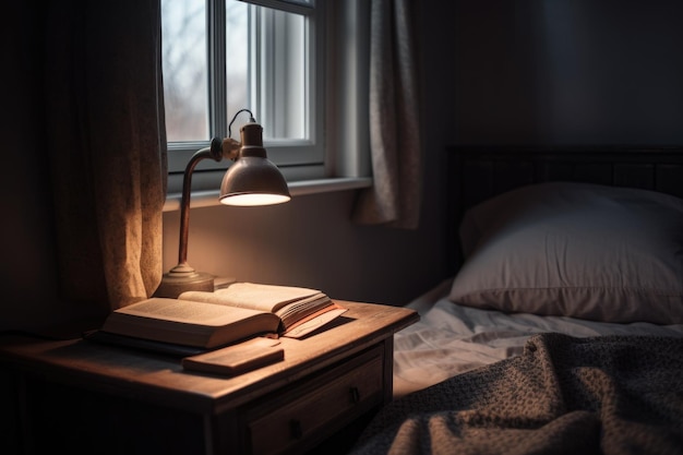 Accogliente camera da letto con libri e una lampada per l'apprendimento indipendente creata con l'intelligenza artificiale generativa