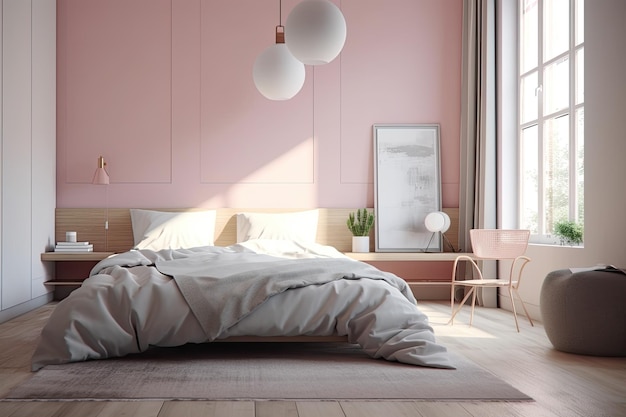 Accogliente camera da letto con pareti rosa e letto bianco IA generativa