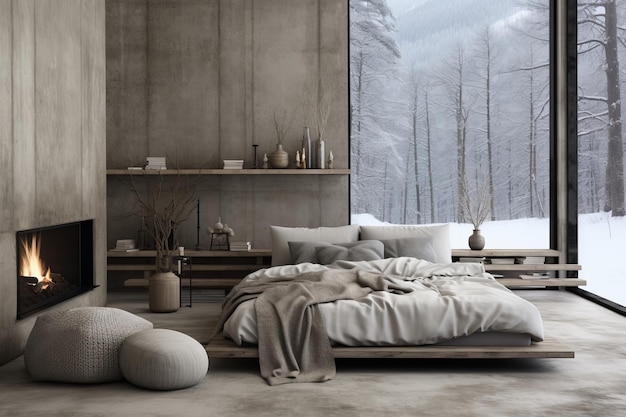 Accogliente camera da letto grigia con letto e camino minimalista con grandi finestre che si affacciano sulla foresta invernale