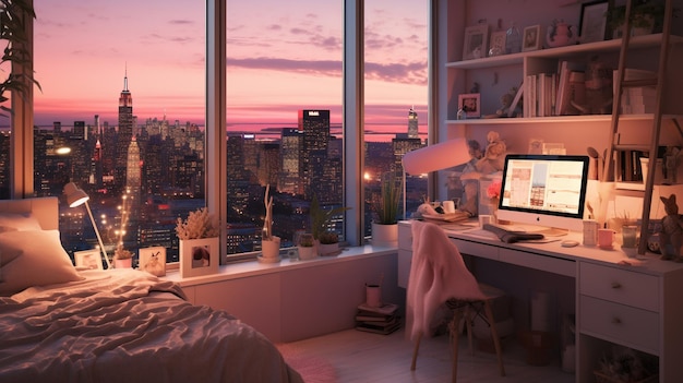 Accogliente camera da letto in un appartamento alto con un tramonto rosa