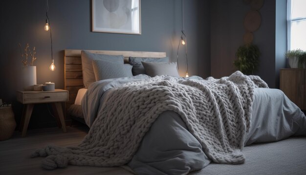 Accogliente camera da letto moderna con biancheria da letto dal design elegante generata da AI
