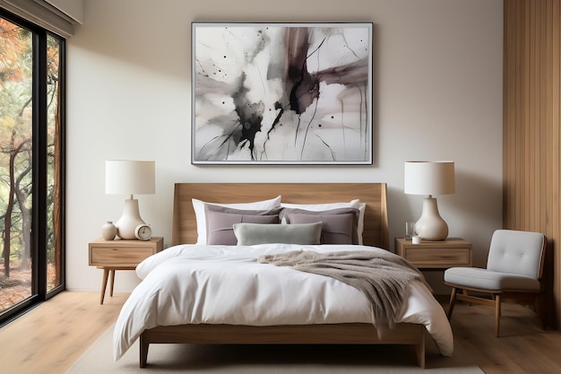 Accogliente camera da letto Retreat Due bellissime poltrone beige in una camera da letto grigia con pannelli a parete Generative AI