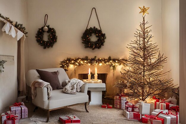 Accogliente camera vintage decorata per le vacanze di Natale con albero di Natale, caminetto, candele, giocattoli, tappeto e poltrona