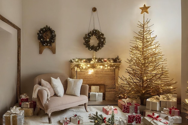 Accogliente camera vintage decorata per le vacanze di Natale con albero di Natale, caminetto, candele, giocattoli, tappeto e poltrona