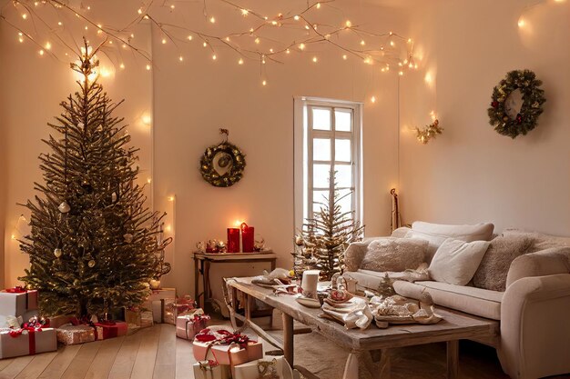 Accogliente camera vintage decorata per le vacanze di Natale con albero di Natale, caminetto, candele, giocattoli, tappeto e poltrona